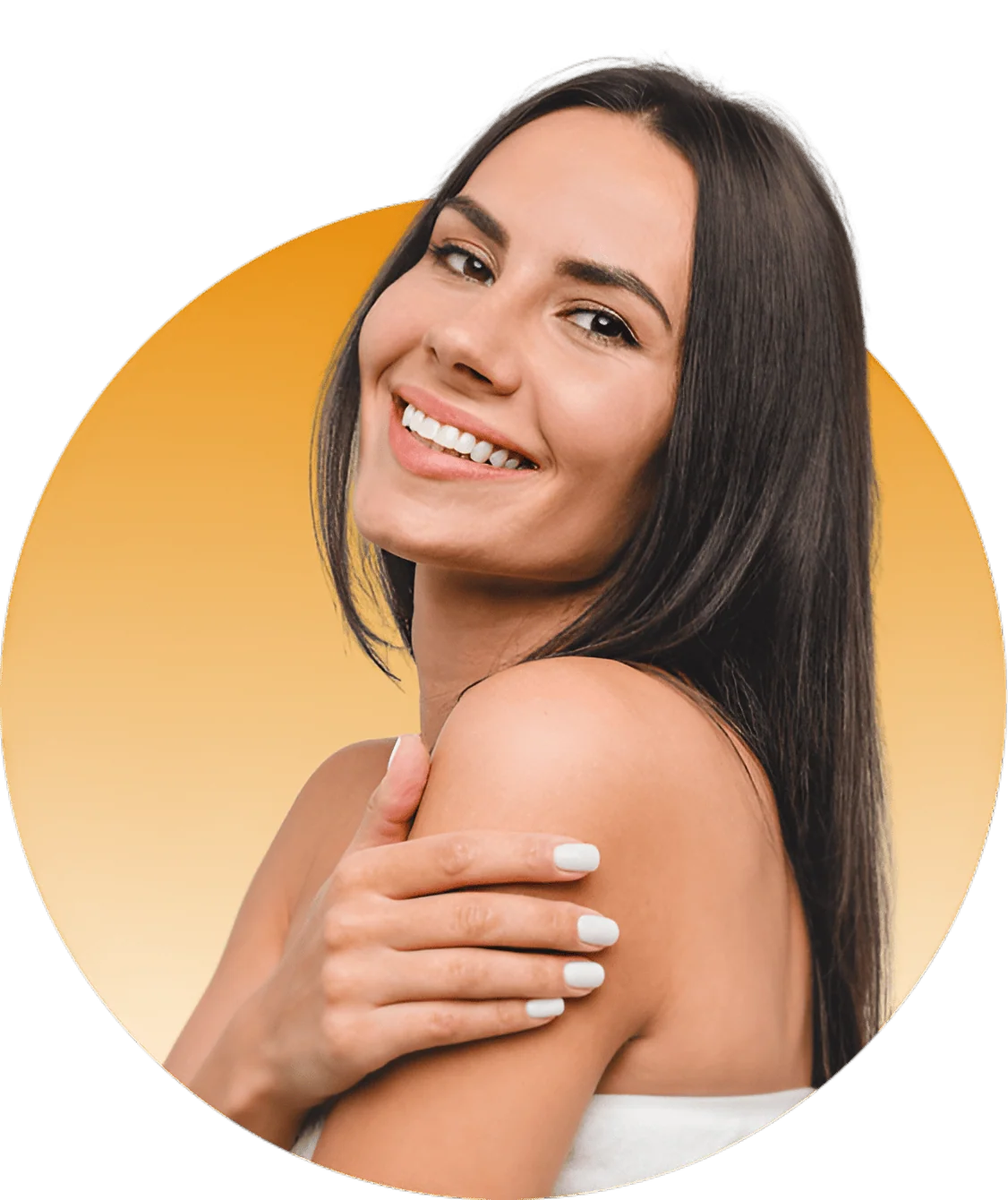 Smiling person with long dark hair and white nails touching their shoulder against a yellow gradient background.