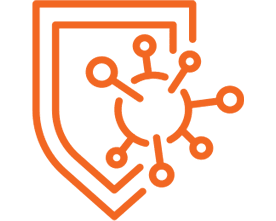 Orange shield with a virus icon symbolizing protection.