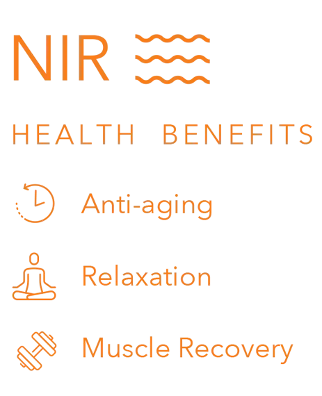 NIR Health Benefits icons for Antioxidants, Metabolism, and Muscle Power.