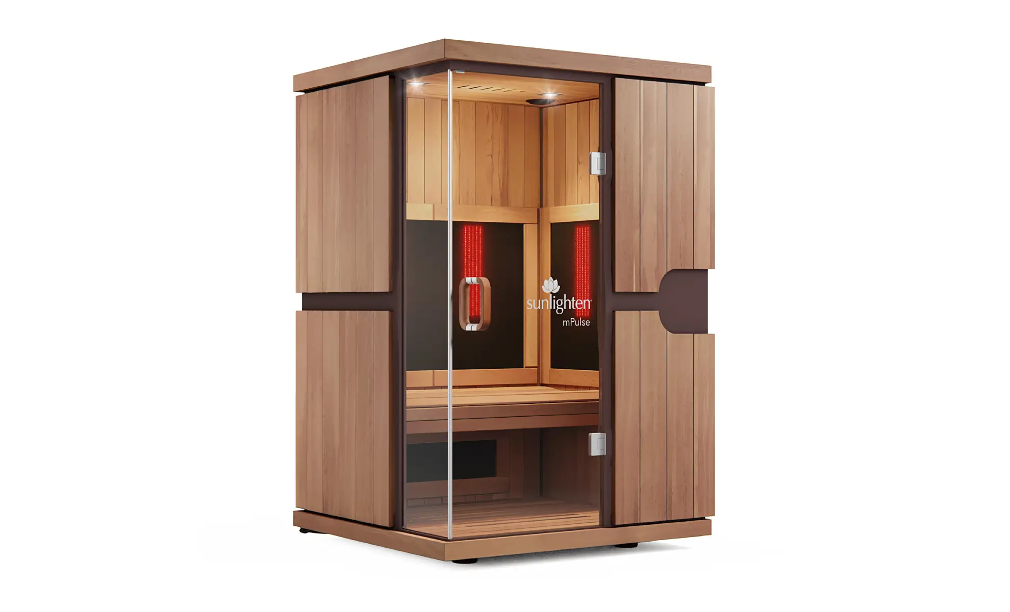 Compact wooden infrared sauna with glass door and interior lighting.